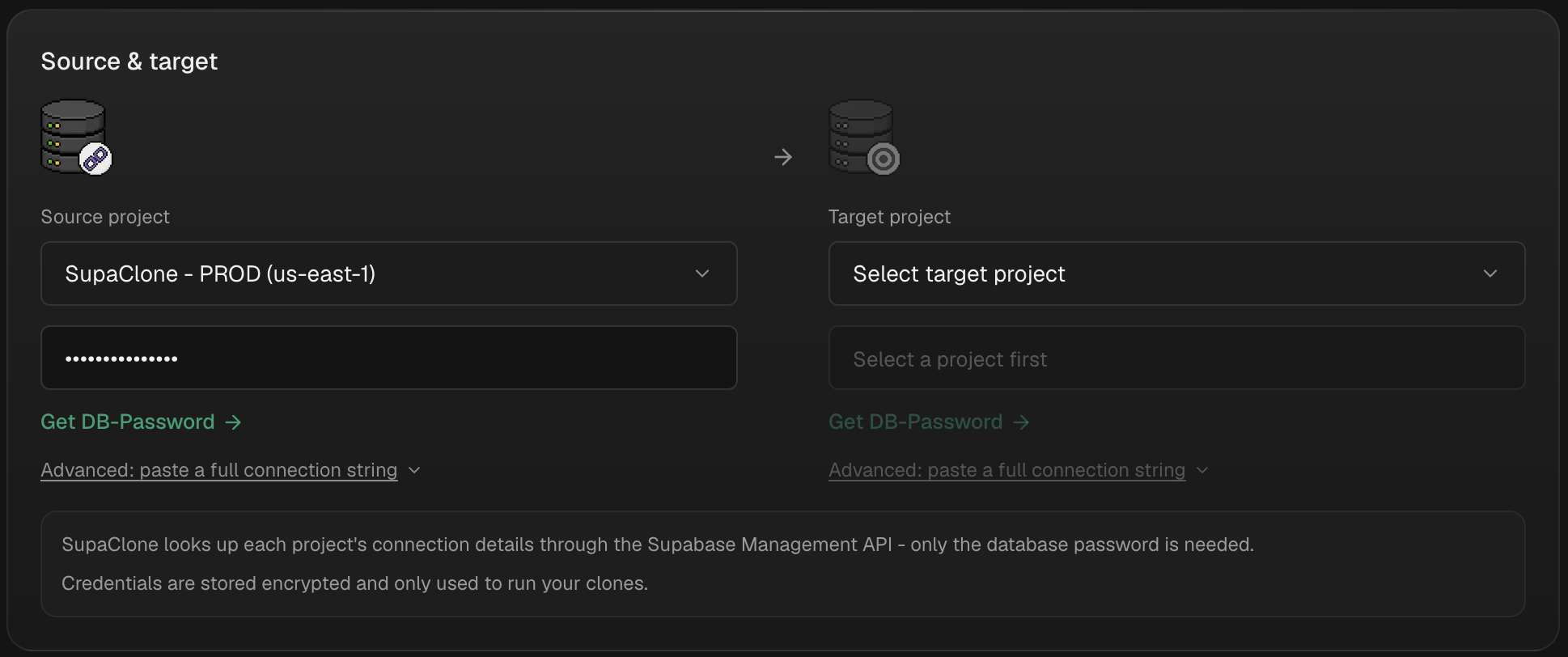SupaClone Source and target screen: the source project selected, ready to choose a target project in another account